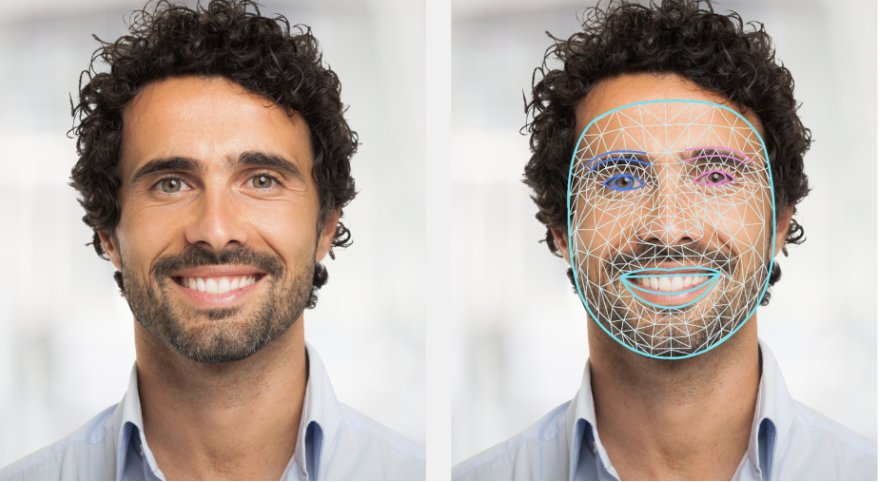 A face photo, and the same face with MediaPipe's fitted face mesh drawn over it